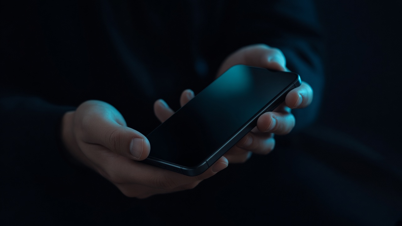 Manos sosteniendo un teléfono con luz tenue